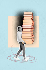 Poster - Vertical collage poster image black white filter excited powerful young woman carry book library stack creative unusual doodle sketch