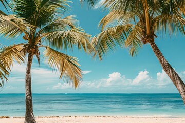 Sticker - Tropical beach with palm trees and clear blue sky.