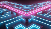 3d Render, Abstract Background. Pink Blue Bright Neon Light Inside The Labyrinth, Ultraviolet Maze Glowing In The Dark. Energy Concept