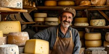 Smiling Cheese Maker In His Shop Surrounded By Artisan Cheeses. Portrait Of A Joyful Craftsmen In A Rustic Setting. AI