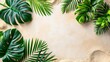 Exotic palm leaf shadows on water and sandy beach   perfect summer vacation concept banner