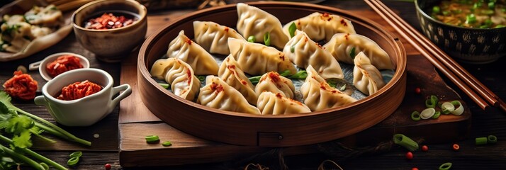 Wooden plate with Chinese dumplings sprinkled with green onions and chili sauce on a dark background. Concept: traditional cuisine and dough recipes
