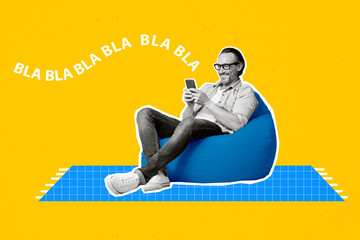 Poster - collage image of positive black white effect man sit bean bag use smart phone chatting bla blah isol