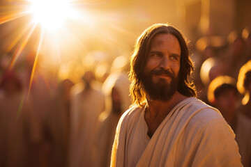 illustration of jesus christ in white clothes and loving peaceful face teaching crowd, blurry people and light rays in background