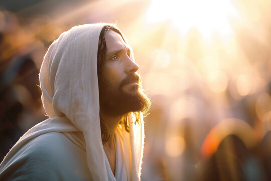 illustration of jesus christ in white clothes and loving peaceful face teaching crowd, blurry people and light rays in background