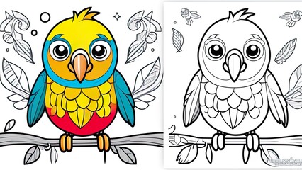 Wall Mural - Funny parrot coloring page. parrot cartoon characters. For kids coloring book.