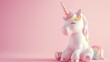 White unicorn mit rainbow mane sitting happy on a pink background with copy space. Card concept to celebrate your uniqueness and happiness in life. Banner for little girls and older ones.