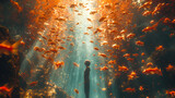 Fototapeta Do akwarium - an underwater image of a person looking at fish and water, in the style of futuristic, sci-fi elements, photo-realistic landscapes, high-angle, passage
