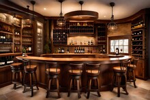 A Rustic Wine Bar With A Curved Wooden Bar Counter, Hanging Wine Glass Racks, And Wine Barrel Stools, Creating An Intimate And Convivial Space For Wine Enthusiasts To Gather And Unwind.