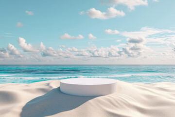 White Sand with White 3D podium put on sand dune againt blurry blue ocean and beautiful sky Summer background