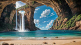 Fototapeta  - Fantasy landscape of towering rock formations and high waterfalls, idyllic summer paradise cove on island of pristine empty sand beaches and turquoise blue ocean. 