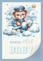  Watercolor invitation card for a baby shower with an illustration of a pilot bear on an airplane. Hello, children s inscription.