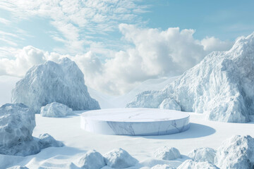 Wall Mural - 3d render platform and ice podium background on ice snow mountain with snow covered floor for product stand display advertising cosmetic beauty products or skincare with empty round stage