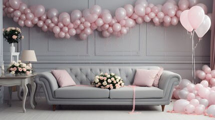 Interior of festive living room decorated with hearts for Valentine's Day celebration