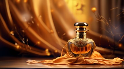 Luxury perfume with golden silk textile on background.