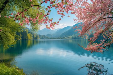  Tranquil Lake with Blooming Trees