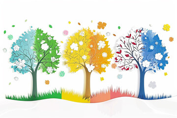 Four seasons tree isolated on white background spring with flowers green summer yellow autumn snow winter. 