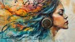 Beautiful girl with headphones listening to music on the background of colorful graffiti