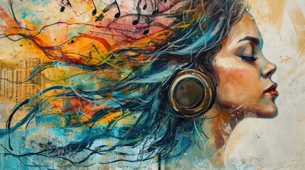 Wall Mural - Beautiful girl with headphones listening to music on the background of colorful graffiti