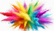 Colorful mixed rainbow powder explosion isolated on white background.