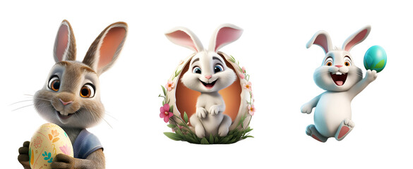 Wall Mural - 3D Render of Cartoon Rabbit Illustration, Set of Easter Bunny with Egg, Isolated on Transparent Background, PNG