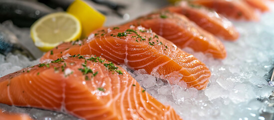 Wall Mural - Tender seasoned salmon fillet on ice. Fresh fish in the store