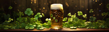 A Glass Of Beer With Clovers. St. Patrick's Day Celebration.