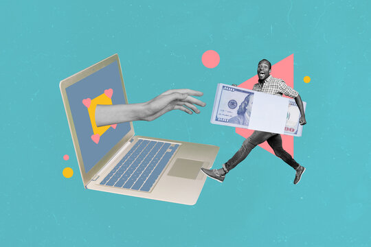 Composite collage image of funny man running hold banknotes money online shopping eshop weird freak bizarre unusual fantasy billboard