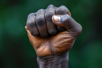 Raised fist of an African American black man in the background. Unity, solidarity, protest. Concept of black history month