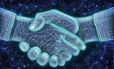 Poster - Digital communication: conceptual illustration of two hands shaking hands formed by glowing polygonal shapes and lines on a dark background