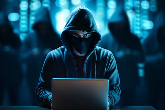 Group of hackers or scammers using laptop computers doing cyber warfare on dark technology background, phising, cyber attack and cybercrime concept. Generative AI