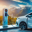 Car charging at electric car charging station. Electric vehicle charger station for charge EV battery. EV car charging point. Clean energy. Sustainable transportation.