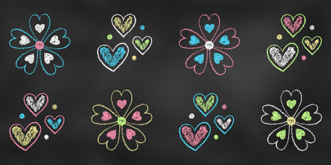 Wall Mural - Set of Design Elements White, Blue, Green, Red, Yellow Flowers and Hearts Isolated on Chalkboard Backdrop. Realistic Chalk Drawn Sketch.