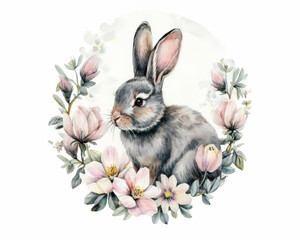 Cute watercolor bunny with a round frame from spring flowers isolated on a white background. AI generative