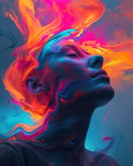 A portrait of a woman with a swirling abstract aura of bright colors.