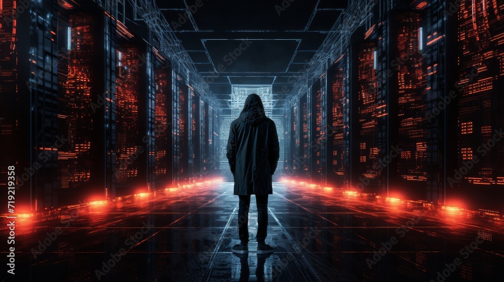 Silhouette of a male hacker in a server room. Neural network AI ...