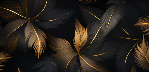 Wall Mural - gold leaves on black background, in the style of graphic lines, enigmatic tropics