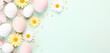 Easter banner image. Eggs isolated on pastel green background. Spring holidays.