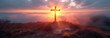 Sunset Cross on Hill, Symbol of Solace, Hope, and Faithful Reflection. Generative AI.