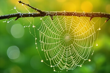 Wall Mural - Close up of delicate spider s web glistening with vibrant dewdrops in bright sunlight