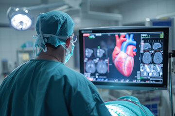 After heart attack, cardiologist examines heart of patient with an MRT scan in intensive care unit Generative AI