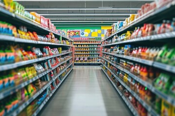 Interior of a supermarket with shelves filled with groceries