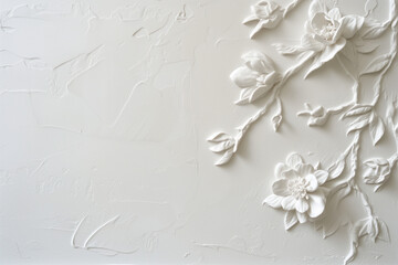 Poster - White plaster wall texture with floral ornament. Background image. Created with Generative AI technology