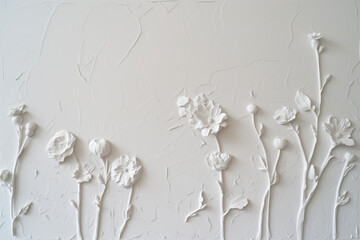 Poster - White plaster wall texture with floral ornament. Background image. Created with Generative AI technology