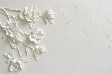 Poster - White plaster wall texture with floral ornament. Background image. Created with Generative AI technology