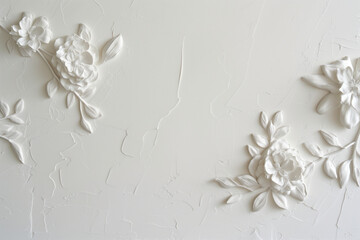 Poster - White plaster wall texture with floral ornament. Background image. Created with Generative AI technology