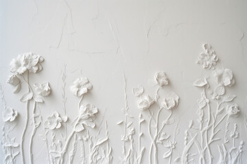 Poster - White plaster wall texture with floral ornament. Background image. Created with Generative AI technology