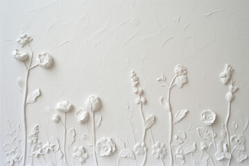 Poster - White plaster wall texture with floral ornament. Background image. Created with Generative AI technology