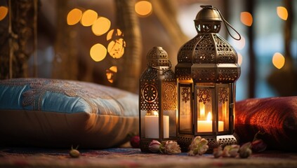 Wall Mural - Ramadan Lantern Islamic Ornament Blurry Bokeh Background