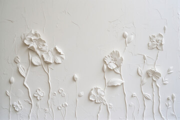 Poster - White plaster wall texture with floral ornament. Background image. Created with Generative AI technology